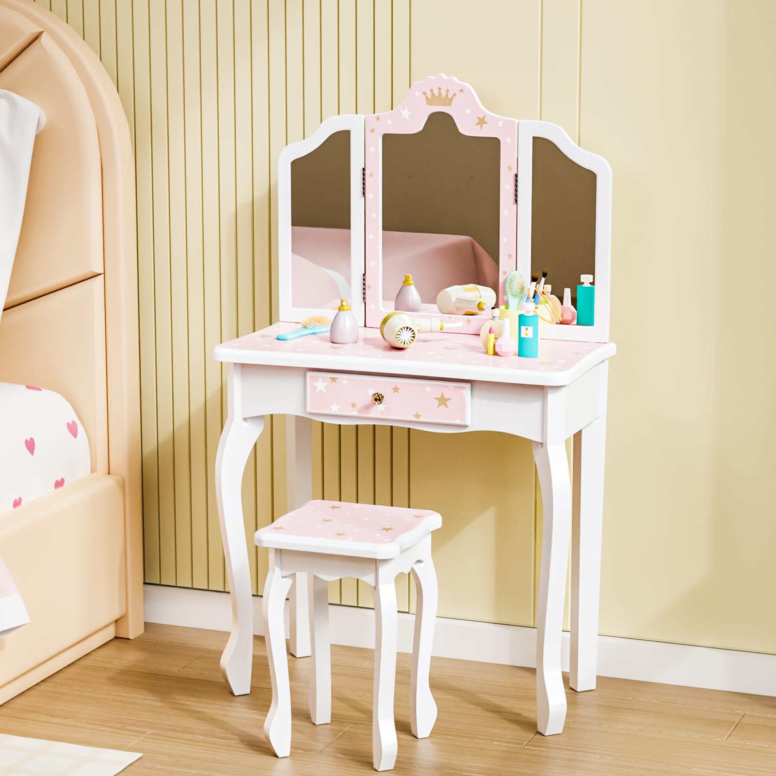 Bonnlo Schminktisch mit Hocker und Abnehmbarer Spiegel, Kindertisch mit Schublade für Mädchen ab 3 Jahren, Kronen-Muster Rosa ohne LED Angebot bei HelloDeals