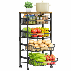 5-Tier Küchenwagen mit Rollen - Gemüseregal mit Holzplatte, stapelbaren Körben & 4 Lenkrollen (2 feststellbar), mobiler Servierwagen für Küche, Vorratsraum, Büro (Schwarz) 5T Angebot bei HelloDeals