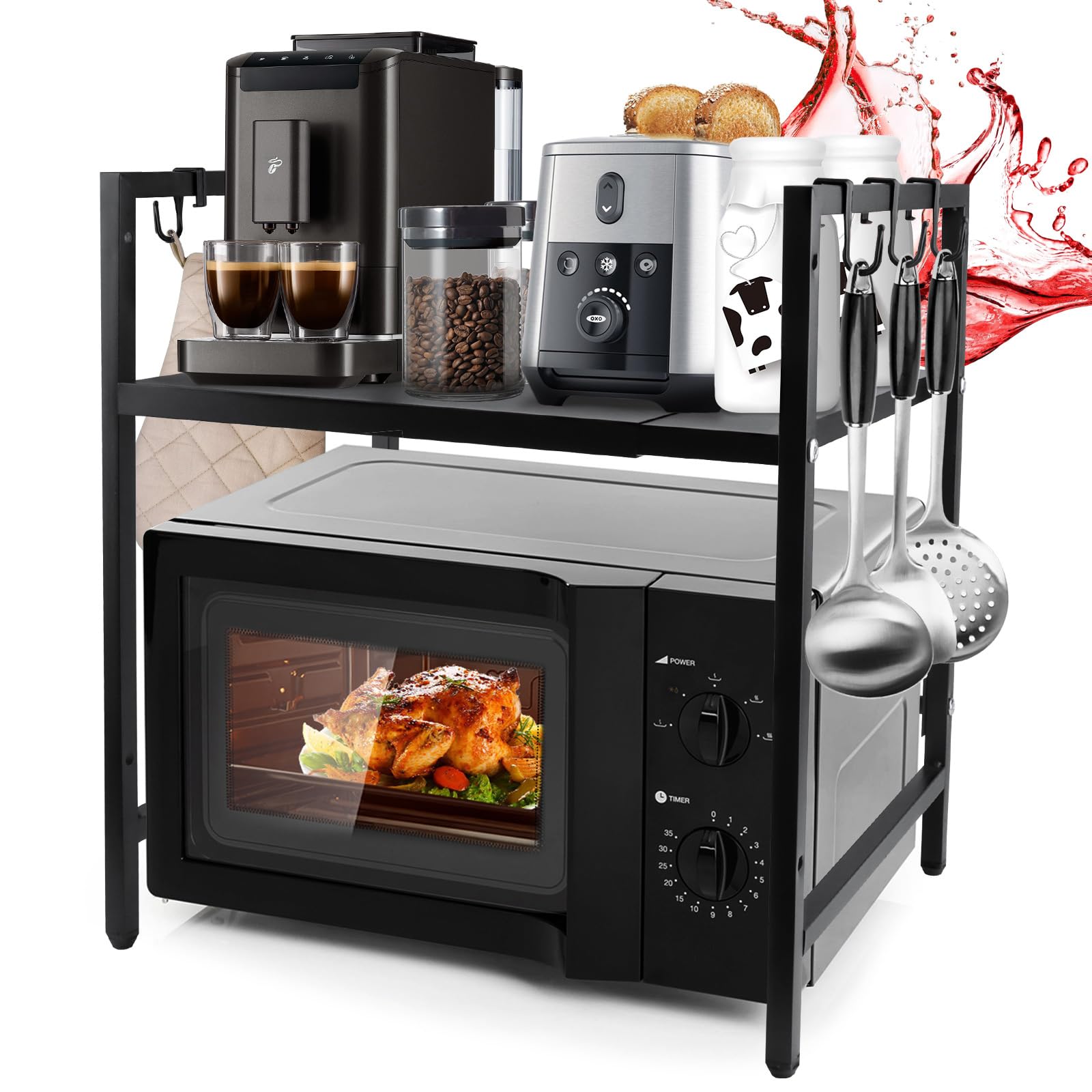 MXTIMWAN 2-stufiges Erweiterbares Mikrowellen Regal, Stehend Mikrowellenregal, Mikrowellenregal mit 6 Hängenden Haken, Stufiges Küchenregal, 40-64cm, Schwarz Angebot bei HelloDeals