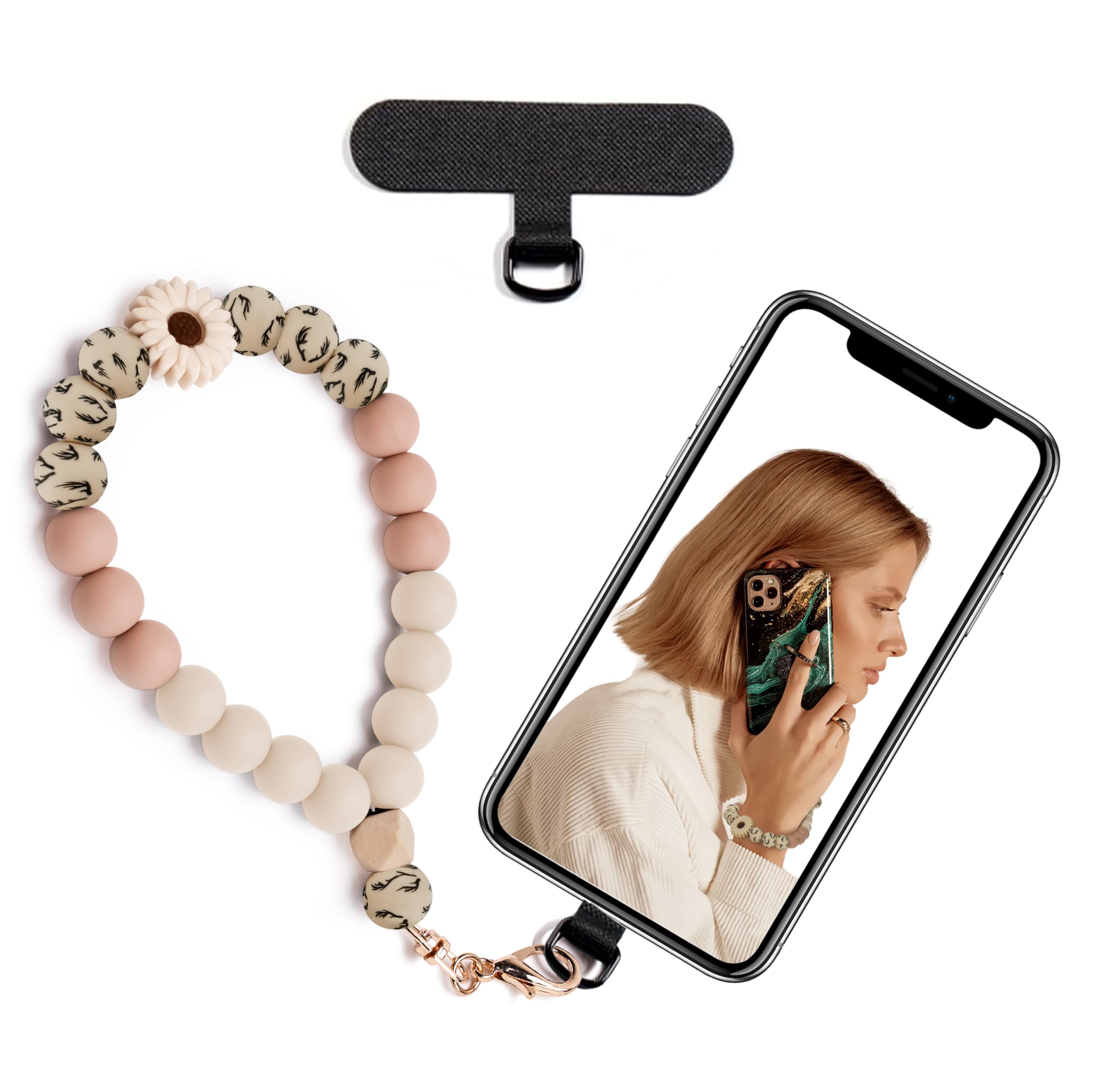 Silikonperlen-Handykette Kurz, Handyanhänger mit Handy Lanyard Pads, Elastische Handy Kette für freihändigen Gebrauch, für die Meisten Smartphones (Khaki Daisy) Angebot bei HelloDeals