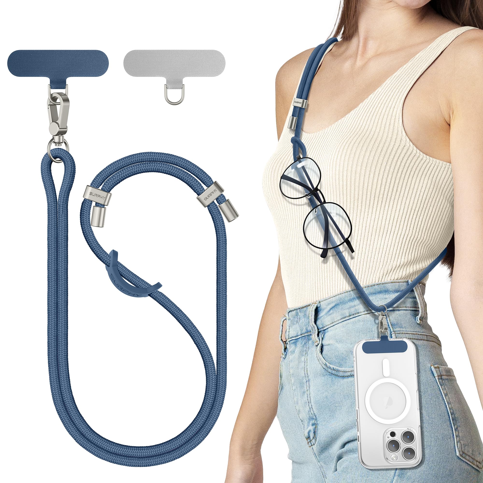 SURPHY Verstellbar Handykette Universal zum Umhängen, Stabil Handyband für Holiday, Outdoor, Reise, Phone Lanyard mit Robuste Haken Kompatibel mit alle Smartphones Kopfhörer, Denim Blau Angebot bei HelloDeals