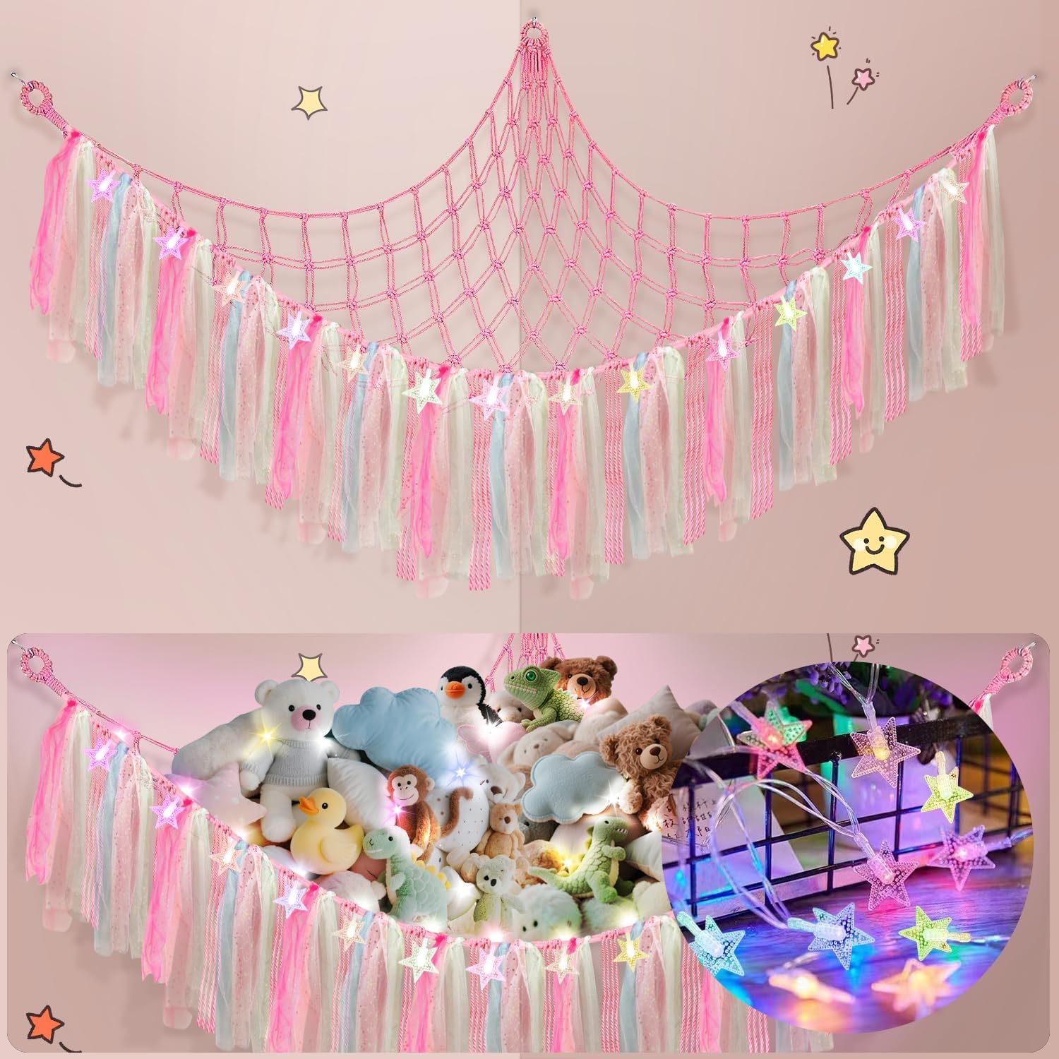 Kuscheltier Aufbewahrung Netz mit LED-Leuchten, Boho Makramee Spielzeug kinderzimmer deko, StofftieStofftier Aufbewahrungstasche Hängematte Aufbewahrung Kuscheltiere Rosa Pink Angebot bei HelloDeals