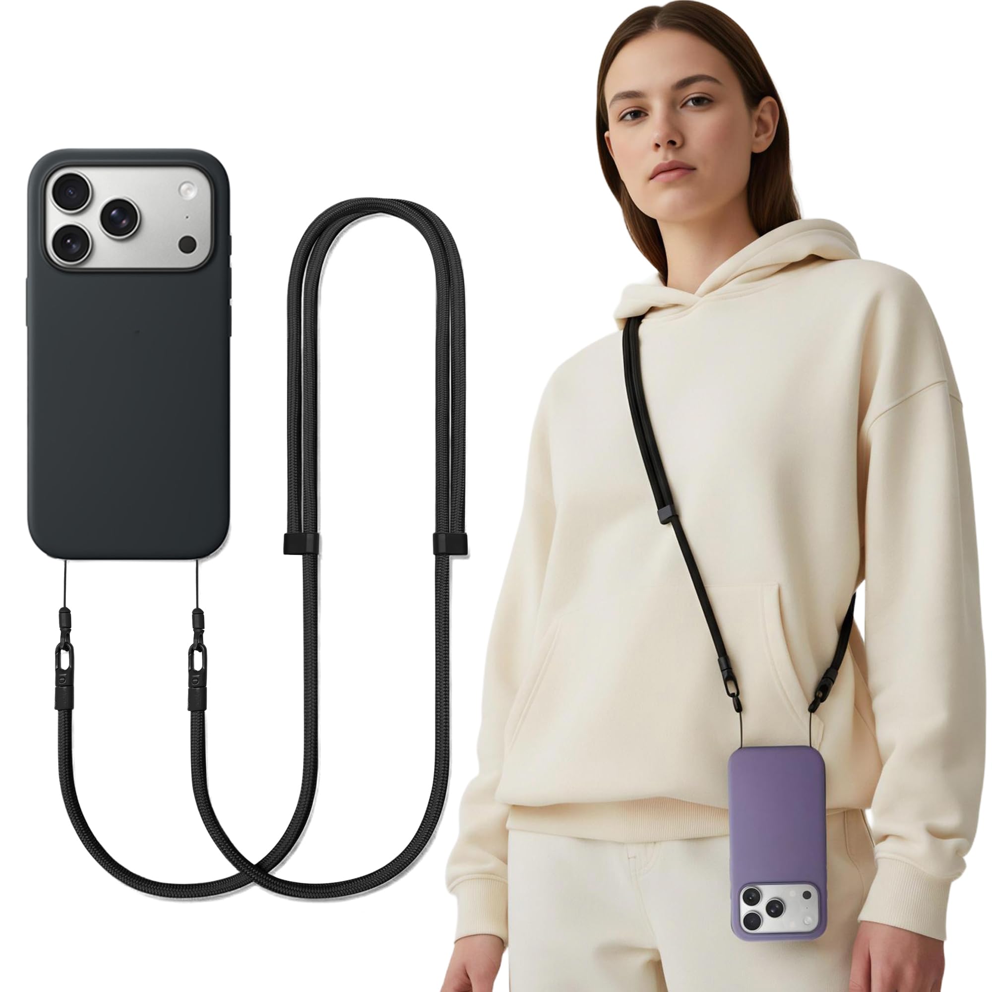 Handy Umhängeband Crossbody mit Schlaufenband & Tether-Tab, Verstellbarer Anti-Diebstahl-Handyriemen – Universell Kompatibel für Smartphones Schwarz Angebot bei HelloDeals
