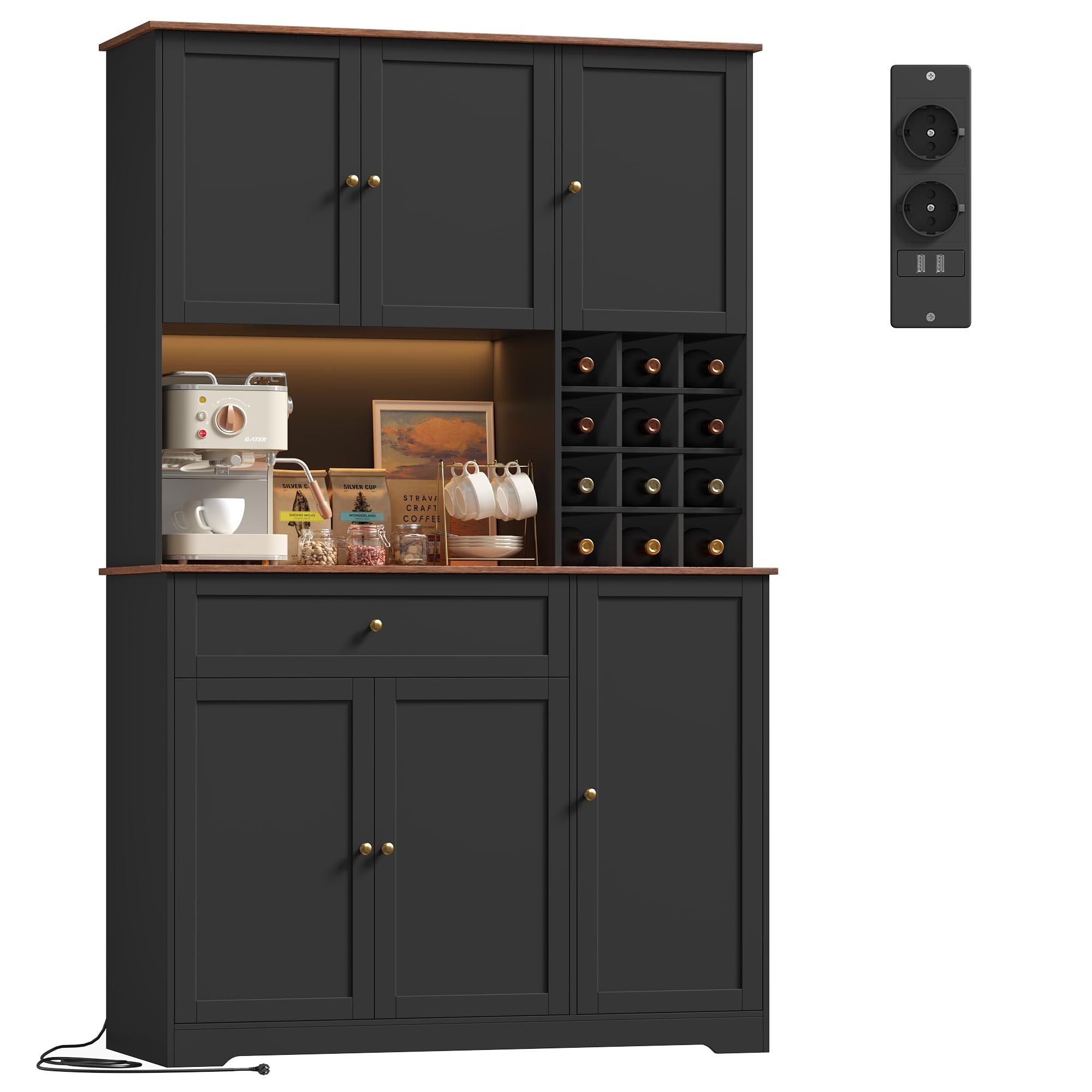 FirFurd Küchenschrank 180cm Buffetschrank mit LED Sideboard für Küche mit Steckdosenleiste Küchenschrank mit Arbeitsplatte & Weinregal für 12 Flaschen Küchenbuffet Küchenmöbel 180x100x39cm schwarz Angebot bei HelloDeals