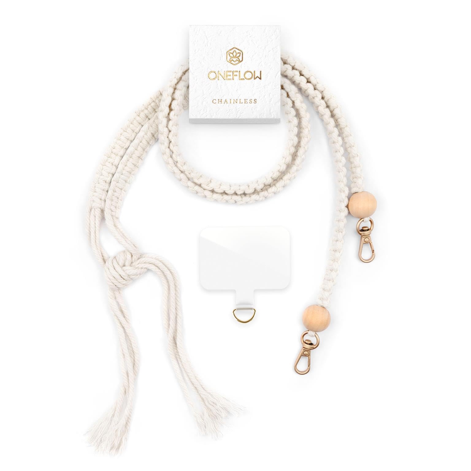 ONEFLOW Geflochtene Handykette Universal zum Umhängen lang, Abnehmbar mit 2 Karabiner, Holzperlen Boho Style Handyband für Handy Hüllen, Kette Perlen Holz Natur, Chainless Makramee Braid, Beige Gold Handyanhänger Makramee Braid Gold Angebot bei HelloDeals