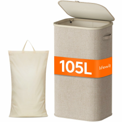 Lifewit Wäschekorb mit Deckel, 105L Wäschesammler mit Kunststoffrahmen, faltbarer großer Wäschesortierer, Wäschebox Laundry Baskets für Schlafzimmer, Bad, Beige 105L Beige Angebot bei HelloDeals