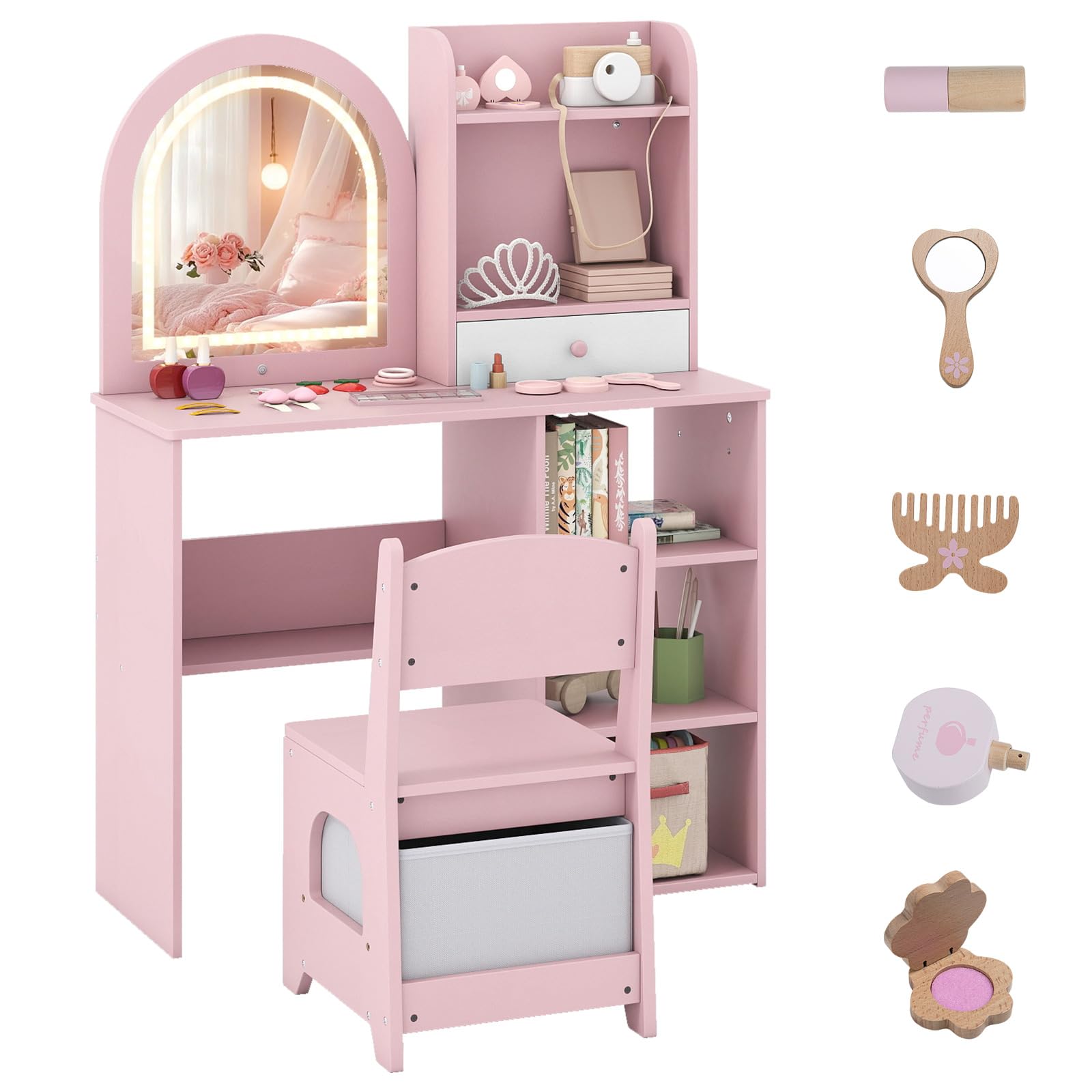 COSTWAY 2 in 1 Kinder Schminktisch mit Beleuchtung, Frisiertisch Holz mit 3-farbig beleuchtetem Spiegel, Schubladen, 3 Haken & Zubehör, Kinderschminktisch Prinzessin Set für Mädchen ab 3 Jahren (Rosa) Rosa Mit Ablagen Angebot bei HelloDeals