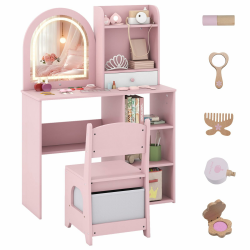 COSTWAY 2 in 1 Kinder Schminktisch mit Beleuchtung, Frisiertisch Holz mit 3-farbig beleuchtetem Spiegel, Schubladen, 3 Haken & Zubehör, Kinderschminktisch Prinzessin Set für Mädchen ab 3 Jahren (Rosa) Rosa Mit Ablagen Angebot bei HelloDeals