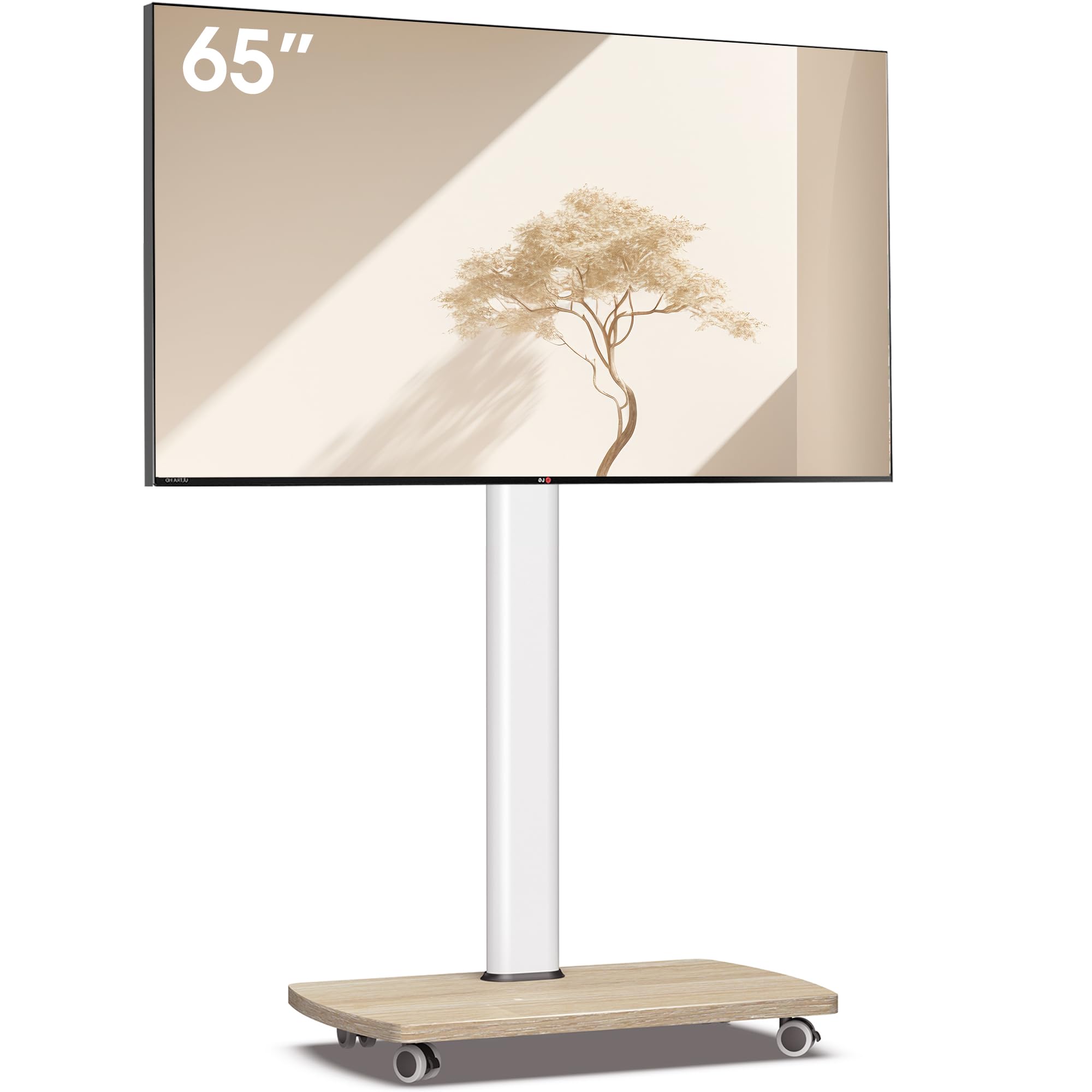 TV Ständer Rollbar mit Holzablage, Fernsehständer auf Rollen für 32-65 Zoll Fernseher, TV Bodenständer Höhenverstellbar Schwenkbar, bis 40 kg Max. VESA 400x400mm (Weiß+Natur) Angebot bei HelloDeals