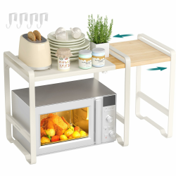 SONGMICS Erweiterbares Mikrowellen Regal, Mikrowellenständer, 41,5-64 cm verstellbare Breite, Küchenregal für Arbeitsplatte, Stahl und Bambus, 4 Haken, cremeweiß-naturbeige KCS060W01 Cremeweiß + Naturbeige Angebot bei HelloDeals