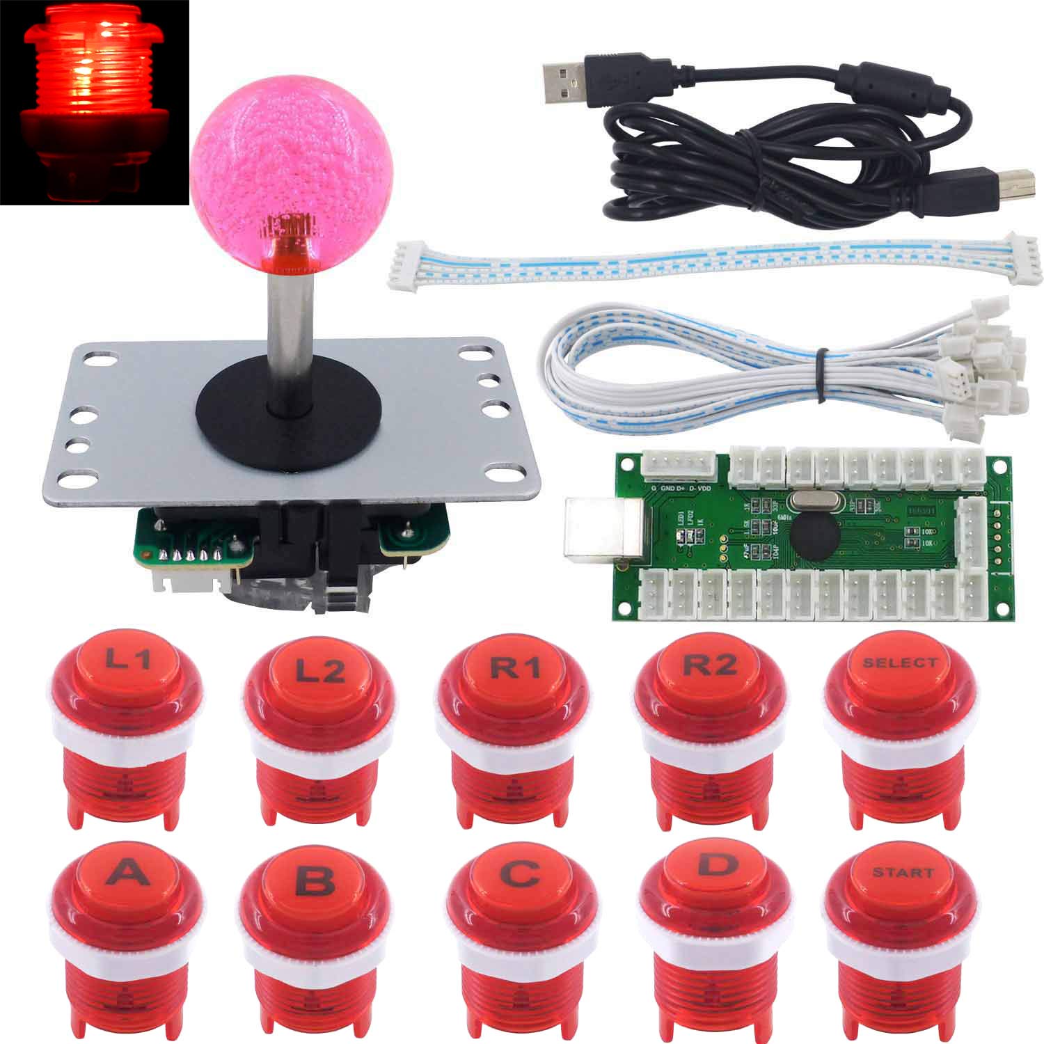 Arcade Game LED DIY Kit Mechanical Keyboard Switch LED Button PC MAME Retropie Arcade Joystick Controller Zero Delay USB Encoder red Angebot bei HelloDeals