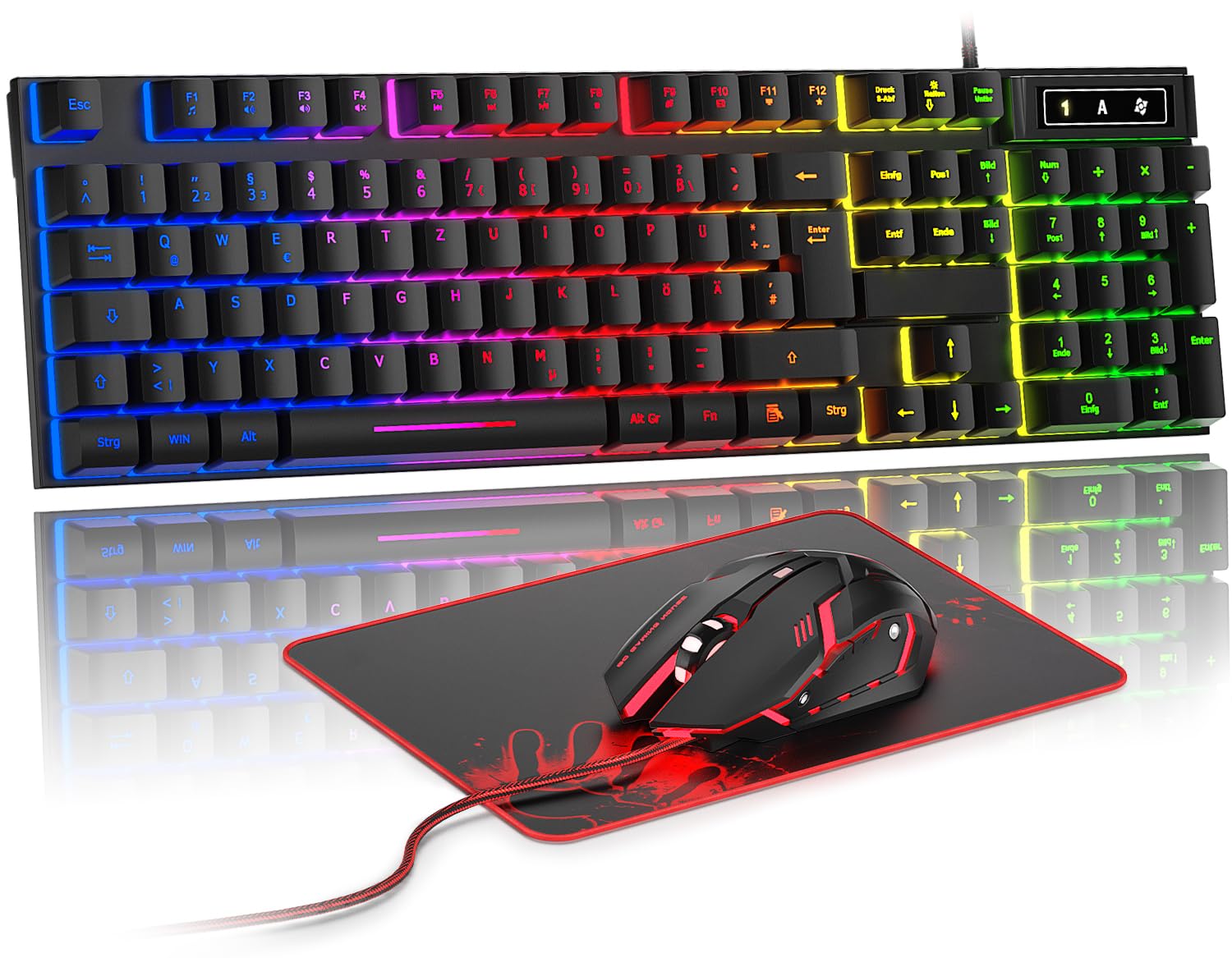 Gaming Tastatur und Maus Set, QWERTZ DE Layout, RGB Hintergrundbeleuchtete Kabelgebundene Tastatur, Ergonomische 4 Farbige LED Gaming Maus, Großes Mauspad, USB Plug & Play für PC PS4 Xbox Angebot bei HelloDeals