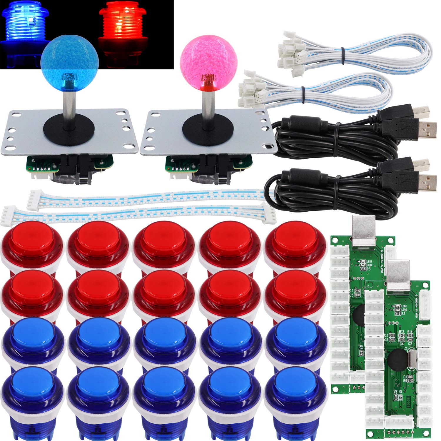 SJ@JX Arcade 2 Player Game Controller Stick DIY Kit LED Buttons MX Microswitch 8 Way Joystick USB Encoder Cable for PC MAME Raspberry Pi Red Blue Angebot bei HelloDeals