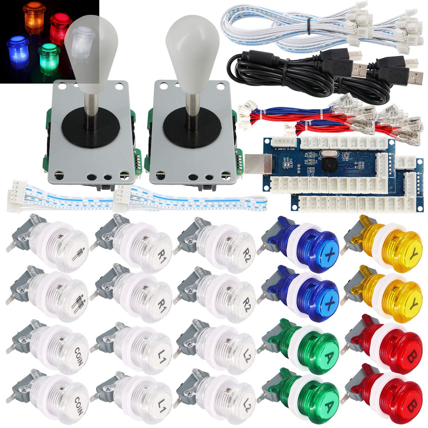 SJ@JX 2 Player Arcade Game Stick DIY Kit Buttons with Logo LED 8 Way Joystick USB Encoder Cable Controller for PC MAME Raspberry Pi Color Mix Angebot bei HelloDeals