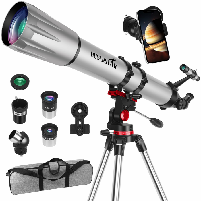 Teleskop, Teleskop Astronomie Profi für Erwachsene, 90mm Blende 900mm Refraktor Teleskope für Kinder und Einsteiger mit Ausziehbarem Stativ, Telefon Adapter, Mondfilter Beobachtung von Mond Angebot bei HelloDeals