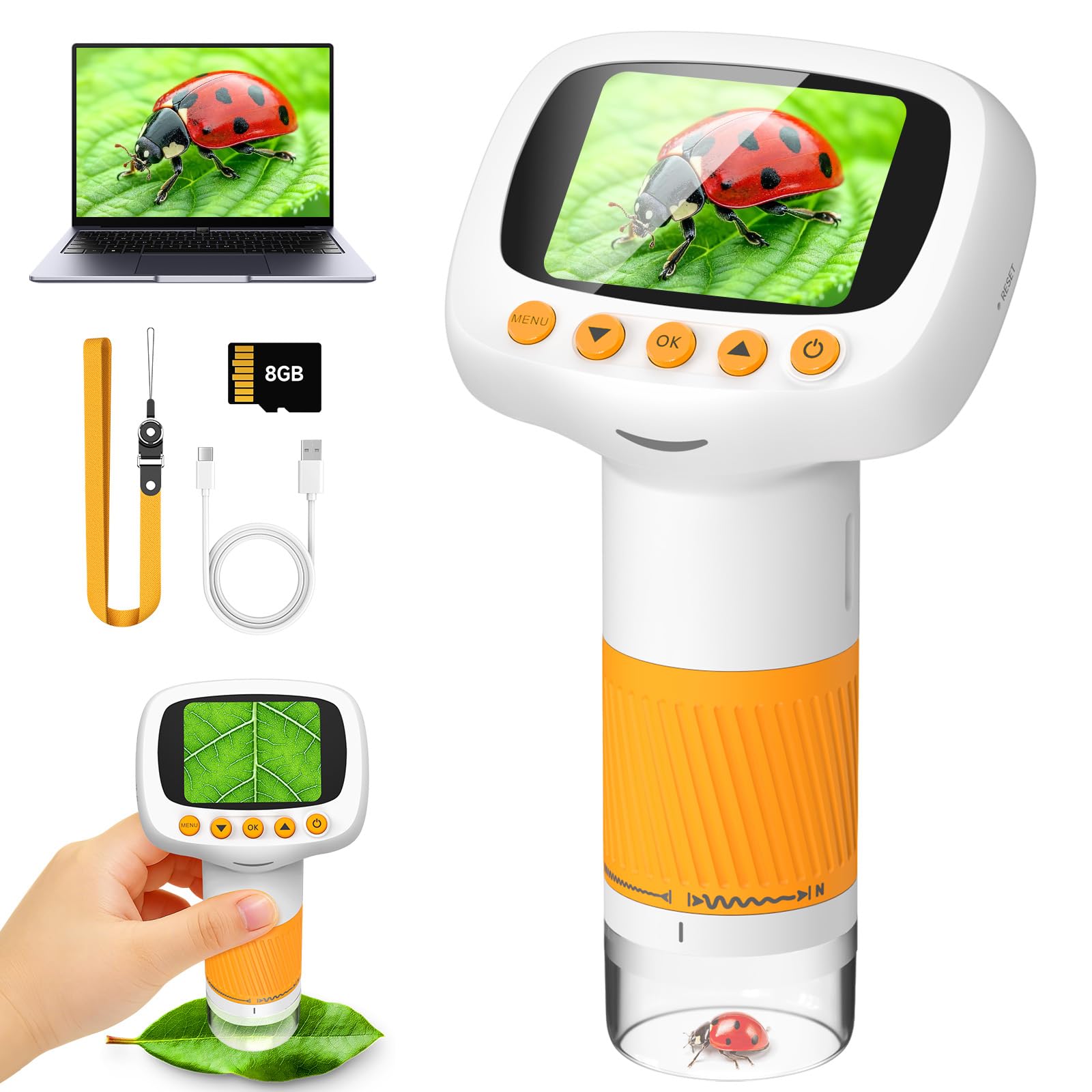 Tragbares Kinder Mikroskop, 1000x Digitales Mikroskop für Kinder mit 8GB Karte, 2 Zoll IPS Bildschirm USB Microscope, Foto- und Videoaufnahme, Lupe Spielzeug ab 3 Jahre (Orange) Angebot bei HelloDeals