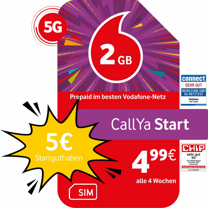 Vodafone Prepaid CallYa Start | 2 GB | 5 EUR Startguthaben | ohne Vertrag | 5G-Netz | Telefon- SMS-Flat | EU-Roaming Angebot bei HelloDeals