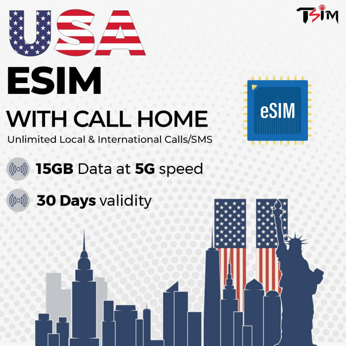USA eSIM – 15 GB 5G-Daten | unbegrenzte lokale und internationale Anrufe / SMS | Hotspot/Tethering erlaubt | 30-Tage-Prepaid-Plan | Erhalten Sie eSIM am selben Tag! 15GB x 1 month – eSIM Angebot bei HelloDeals