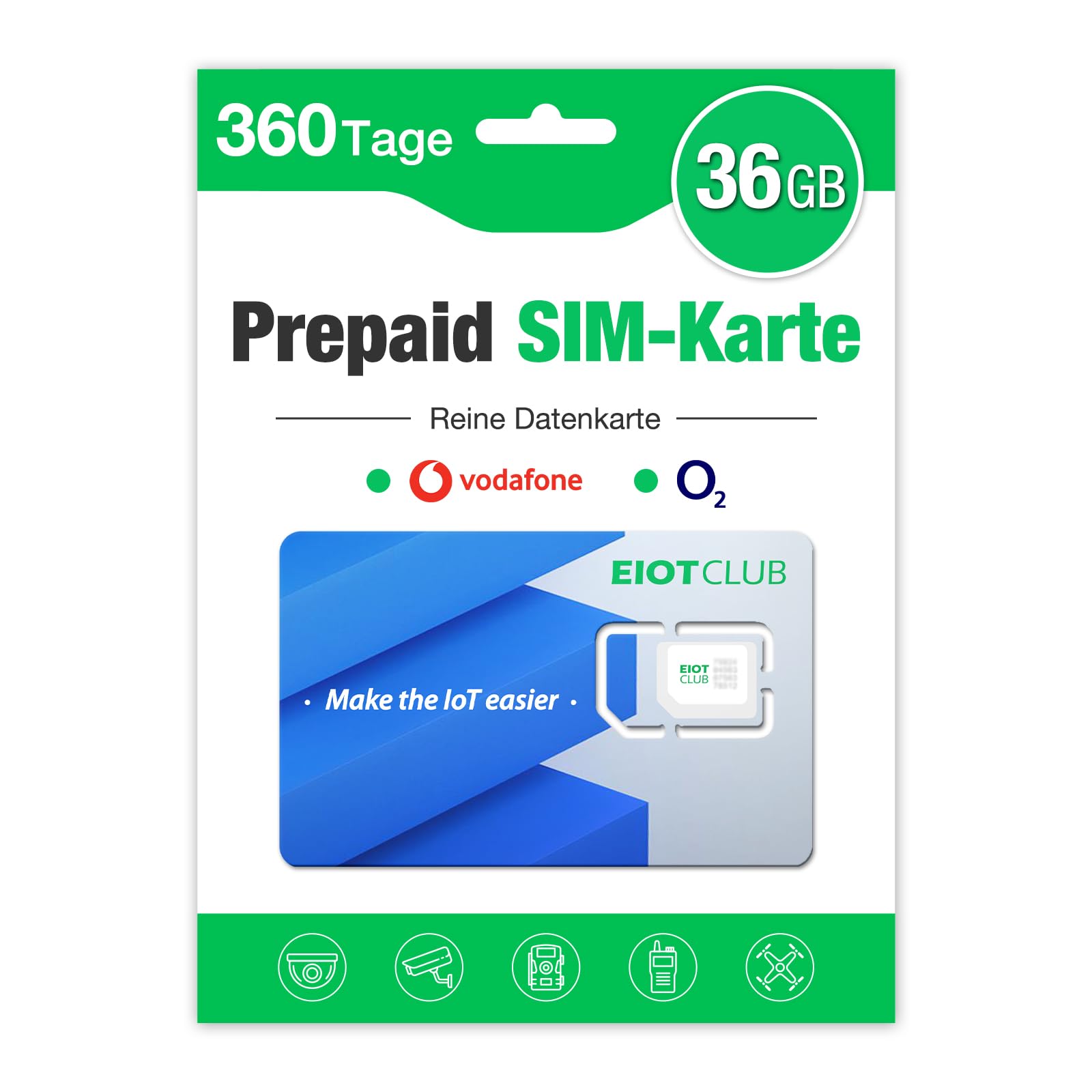EIOTCLUB Prepaid SIM Karte ohne Vertrag, Kompatibel mit Vodafone & O2 Netz, 36GB for 360 Tage, Nur Daten, kein Anruf- oder SMS-Dienst Angebot bei HelloDeals