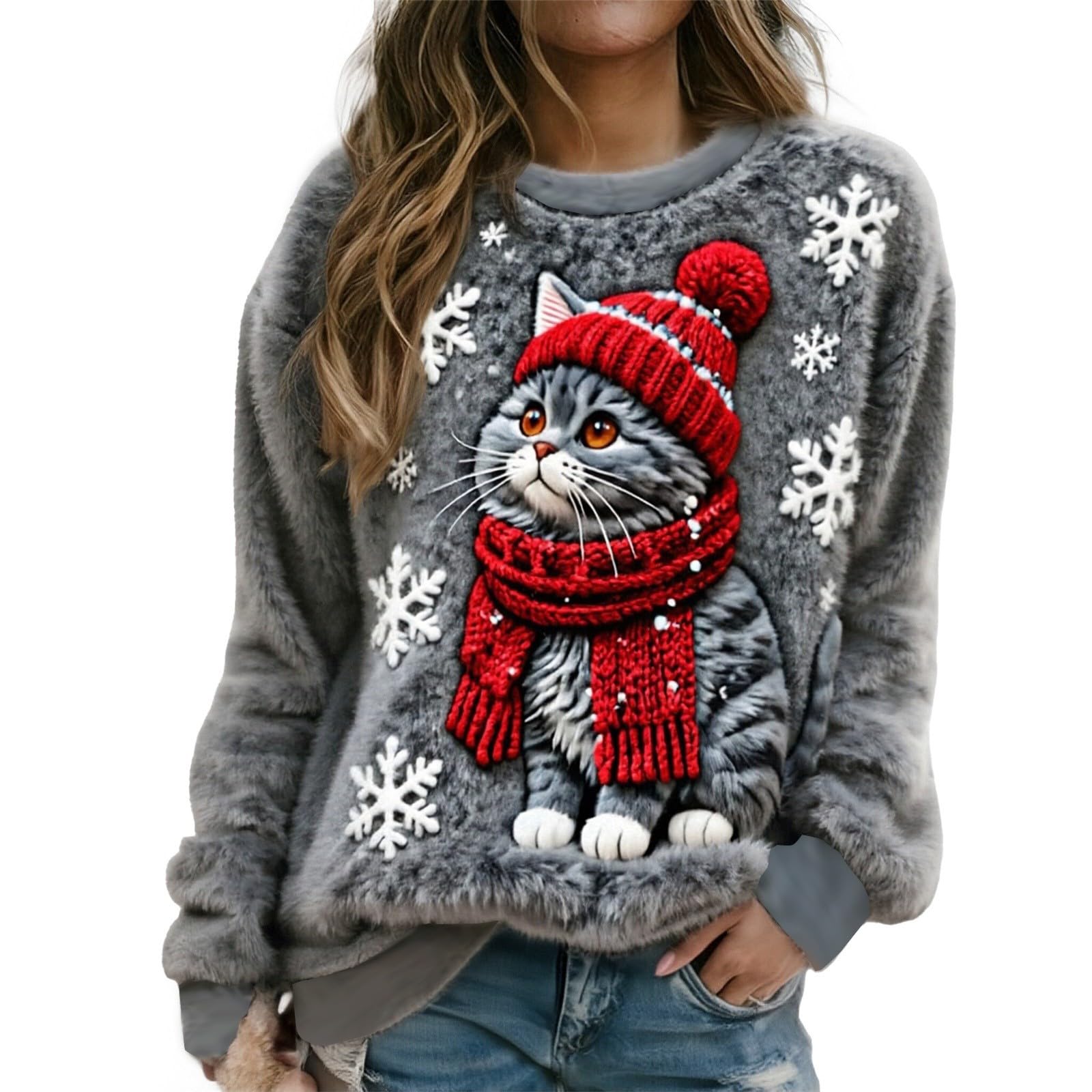 Generisch Damen Weihnachten Katze Print Flanell Sweatshirt Xmas Neuheit Niedlich Rundhals Pullover Tops Urlaub Bequem Festliche Kleidung Winter Casual Mode Weich Warm Pullover Grau-gemütliche Katze L Angebot bei HelloDeals