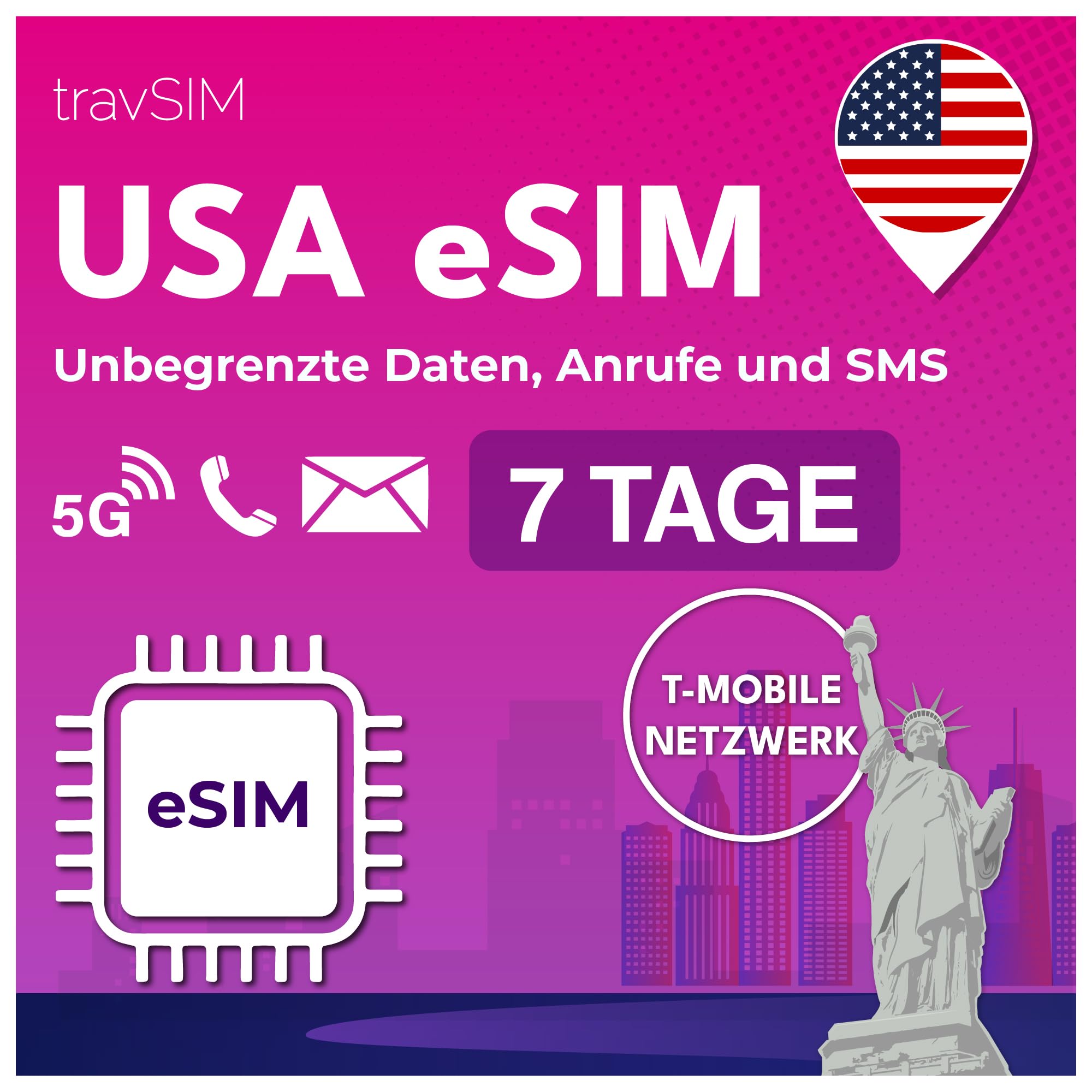travSIM USA eSIM | T-Mobile Netz | Unbegrenzte Daten, Anrufe & Texte in den USA | e SIM Amerika funktioniert auf eSIM kompatiblen iOS & Android Geräten | e SIM Karte USA 07 Tage Angebot bei HelloDeals