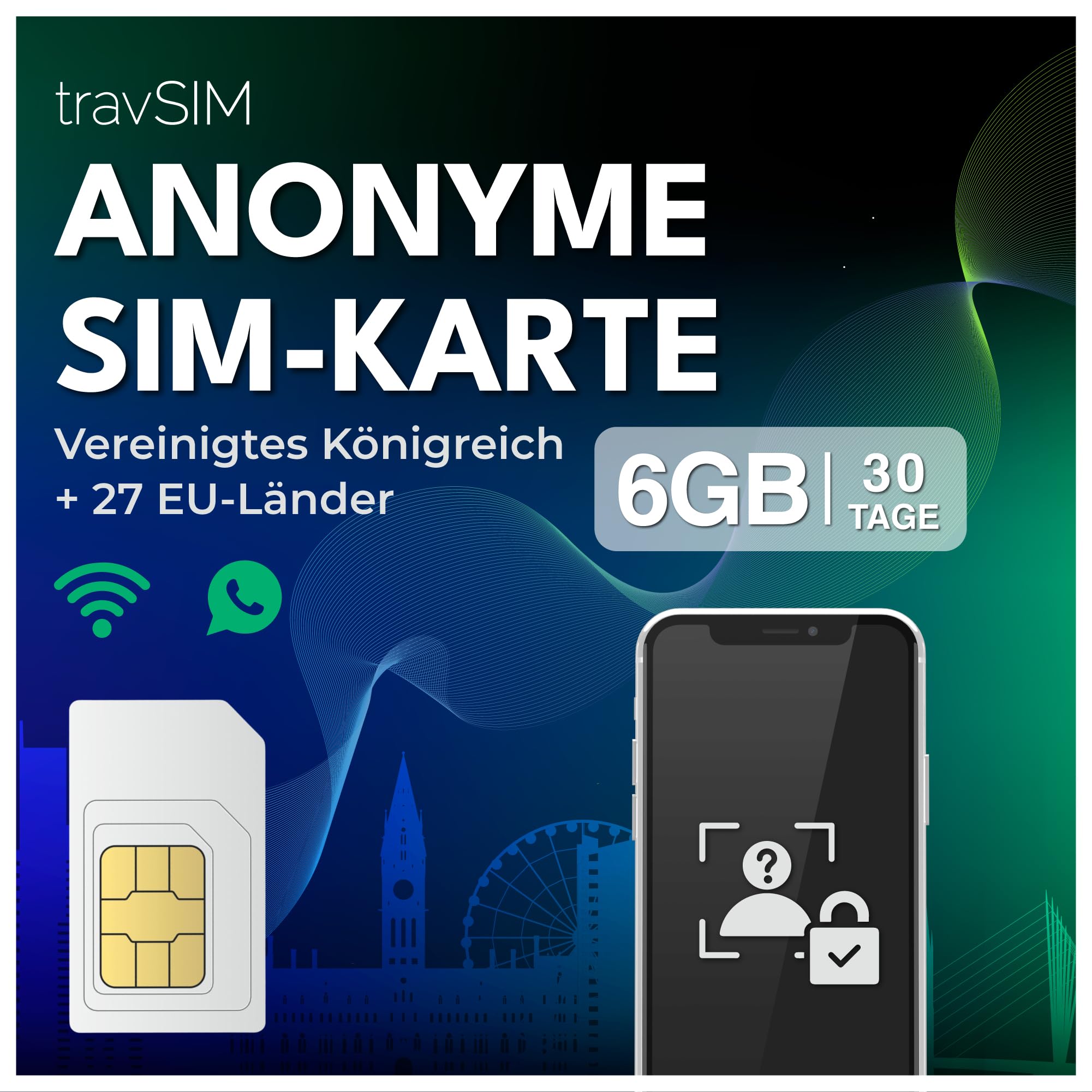 Anonyme SIM Karte travSIM | UK Rufnummer +44 | Kostenlose Anrufe, SMS empfangen, kostenloses Roaming 27 EU-Ländern | Mit VOIP-Apps lokale, internationale Anrufe tätigen und SMS versenden | 6GB-30 Tage 30 Tage - 6GB Angebot bei HelloDeals