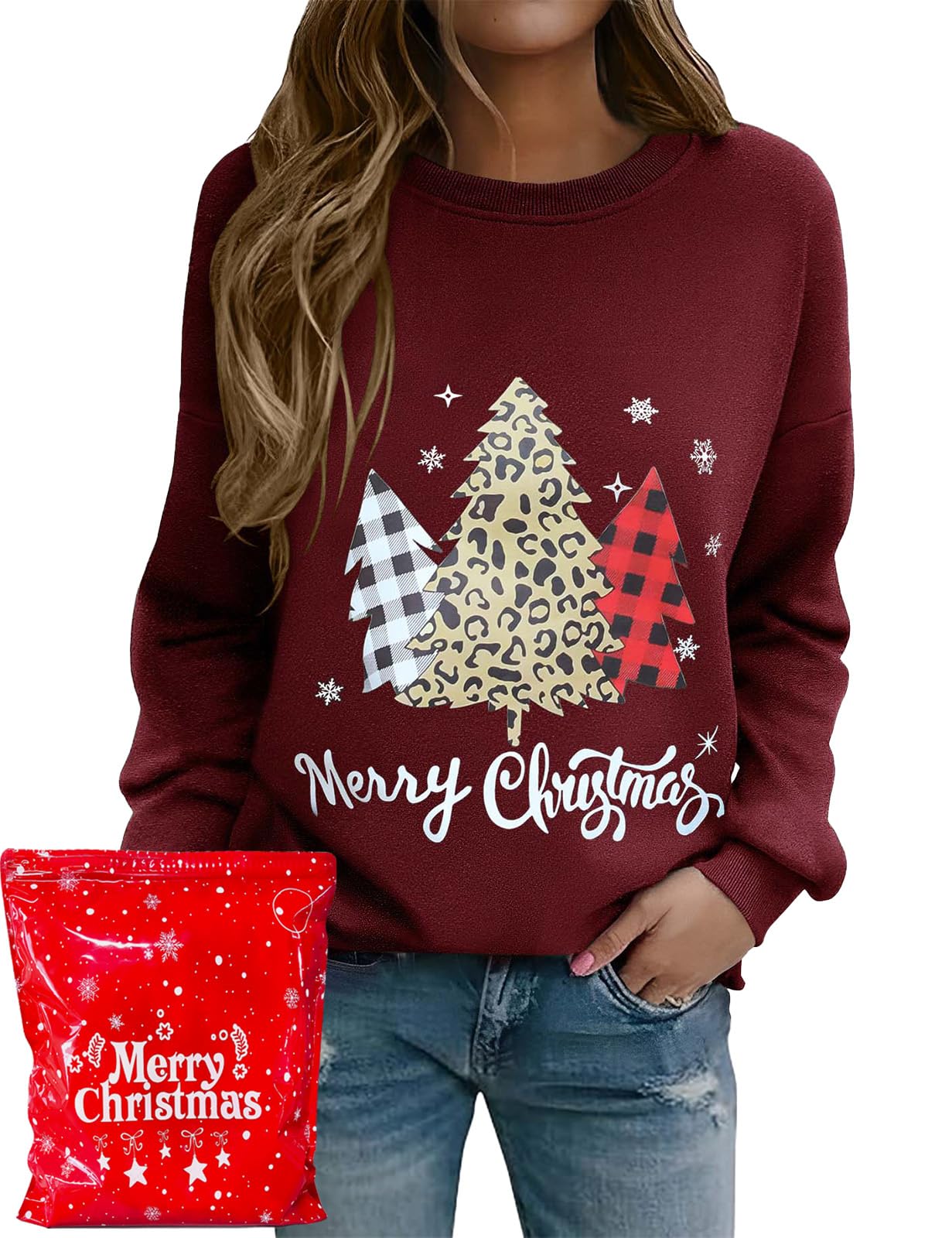 Lonya Weihnachts Sweatshirt Damen Weihnachtspullover Lustiges Xmas Druck Casual Rundhals Langarmshirt Cozy Party Pulli Weihnachtsbaum-burgunderrot XL Angebot bei HelloDeals