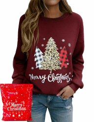Lonya Weihnachts Sweatshirt Damen Weihnachtspullover Lustiges Xmas Druck Casual Rundhals Langarmshirt Cozy Party Pulli Weihnachtsbaum-burgunderrot XL Angebot bei HelloDeals