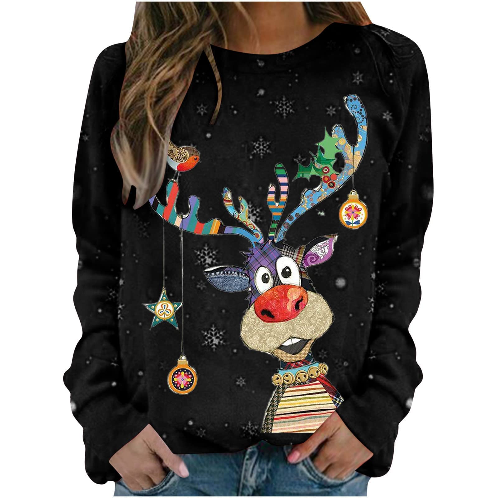 Weihnachtspullover Damen Weihnachten Pullover Damen Lustig Langarm Sweatshirt Oversized Rundhals Weihnachtspulli Winter Christmas Shirt Weihnachts Pullis Oberteile für Teenager Mädchen B01 Schwarz L Angebot bei HelloDeals