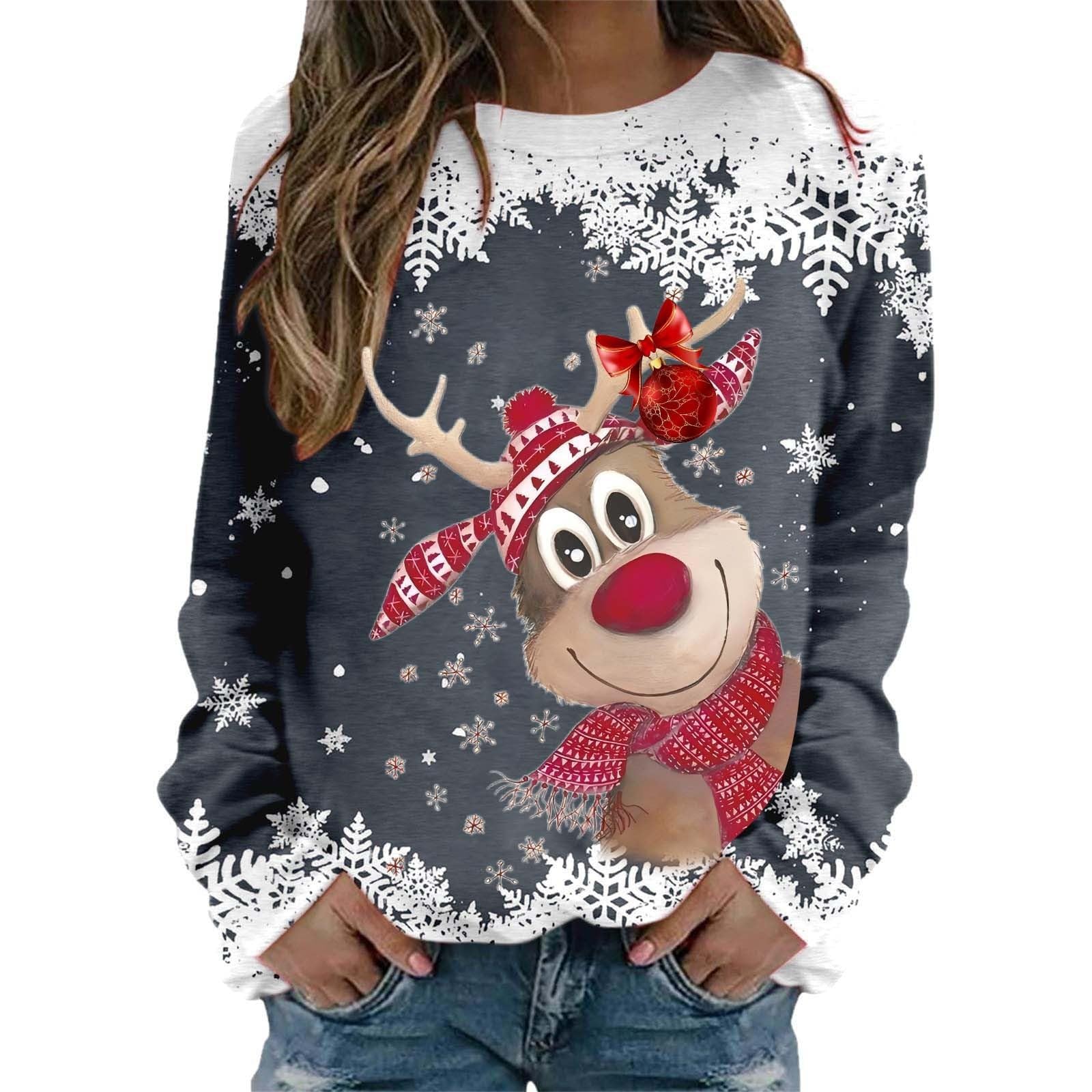 Generisch Weihnachtspullover Damen Lustig Sweatshirt Oversize Rundhals Langarm Ugly Weihnachten Pullover Christmas Sweater Weihnachtspulli Oberteile Frauen Xmas Pulli Tops Herbst Winter Rentier-06 L Angebot bei HelloDeals
