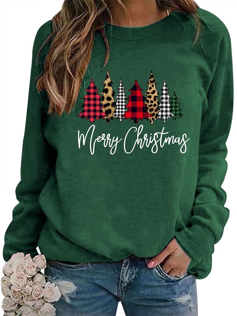 Weihnachtspullover Damen Sweatshirt Weihnachtsbaum Druck Rundhals Langarm Weihnacht Pullover Casual Christmas Sweat Oberteile G-green L Angebot bei HelloDeals