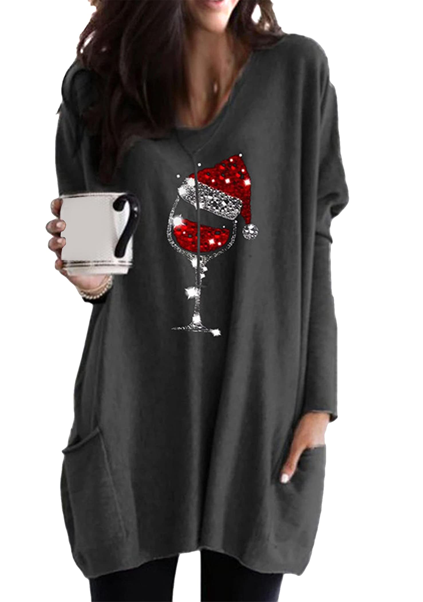 OMZIN Damen Weihnachten Sweatshirt Langarmshirt Weihnachtspullover mit Komisch gedruckt Xmas Outfit Dunkelgrau XXL Angebot bei HelloDeals