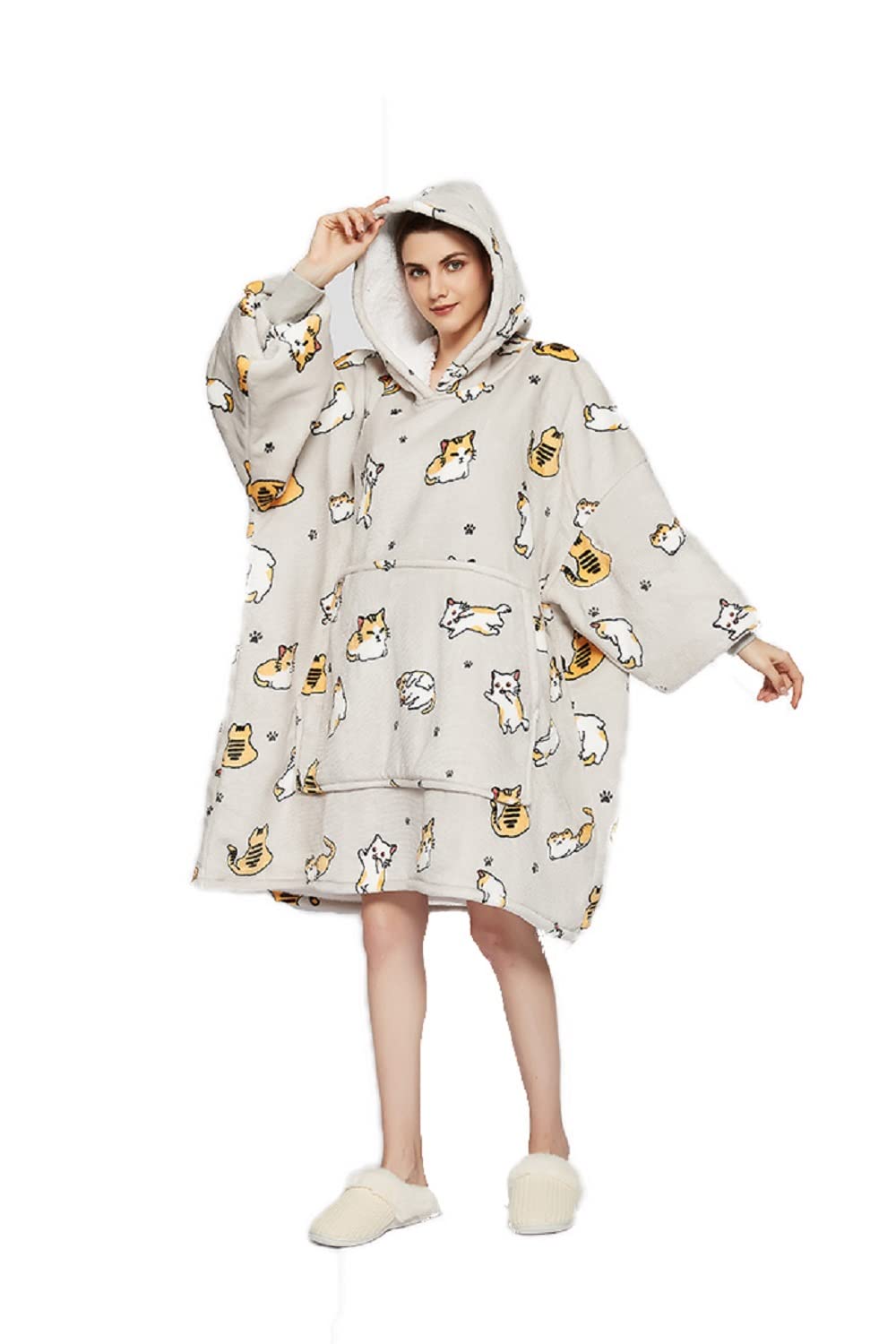 Hoodie Decke für Damen Flanell Fleece Pullover Sweatshirt Decke Flauschige Sherpa TV-Decke mit Ärmeln Fruchtdruck Tierdruck Muster Übergroße Kapuzen Pullover Kuscheldecke Einheitsgröße Graue Katze Angebot bei HelloDeals