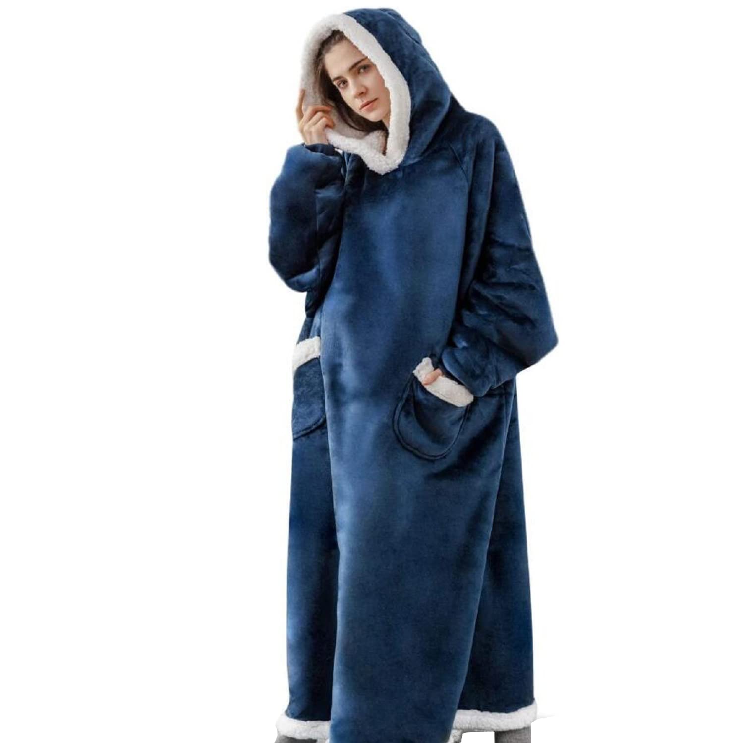 Hoodie Decke für DamenHerren Flanell Fleece Oversized Weich Pullover Sweatshirt Kuscheldecke Flauschige Sherpa TV-Decke mit Ärmeln Übergroße Kapuzen Pullover Tragbar Ganzkörperdecke XL-3XL Tall Navy Blau Angebot bei HelloDeals