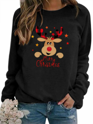 Sweatshirt Weihnachts Langarmshirt Druck Rundhals Pullover Partytop Herbst Winter Langarm BluseTops Stretchy Leichte Sweatshirts Basic Bequem Oberteil F-black L Angebot bei HelloDeals