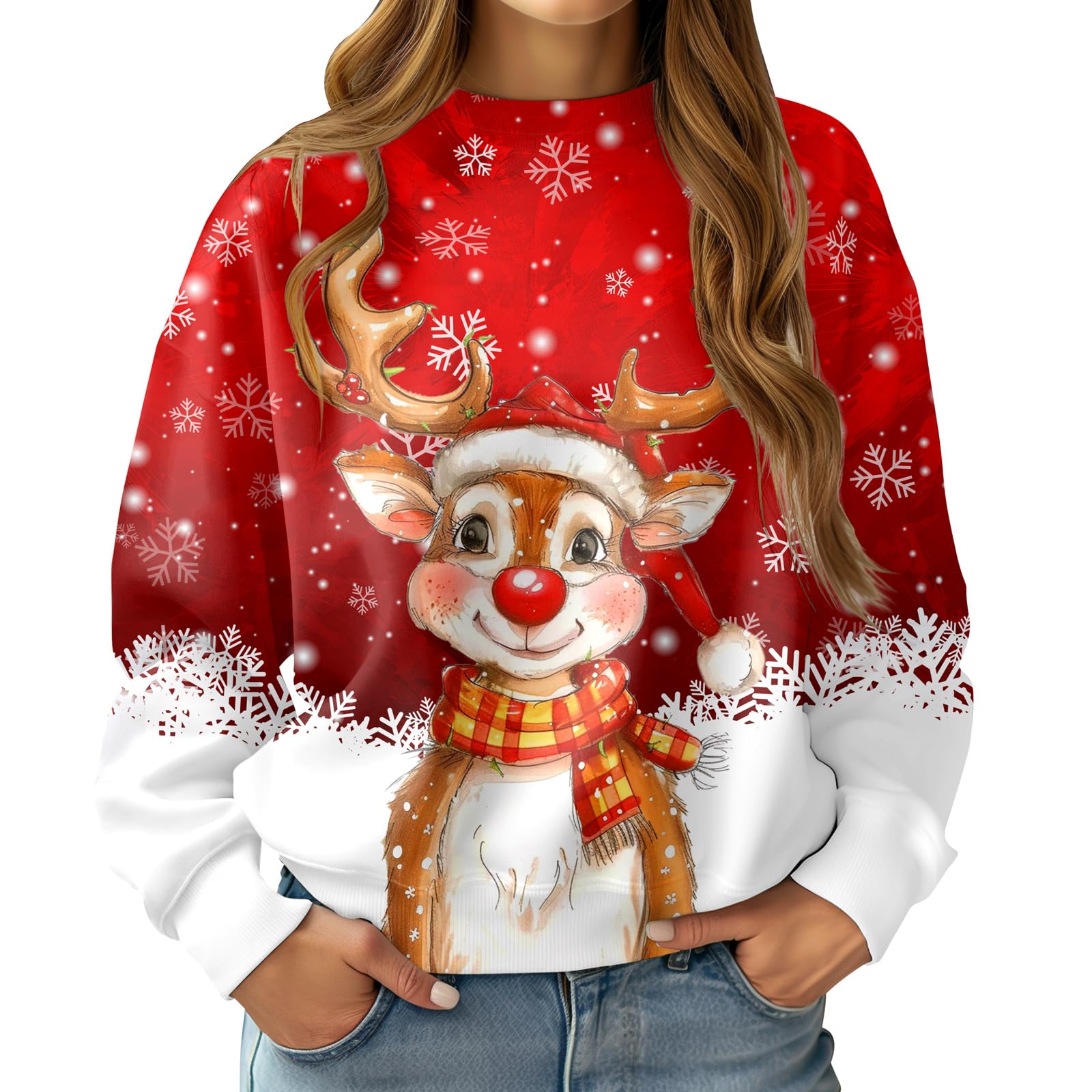 RAISEVERN Weihnachtspullover Damen Hässliche Christmas Sweater Frau 3D Druck Lustige Mädchen Weihnachtspulli Party Geschenk, S-XXL Rot 1 S Angebot bei HelloDeals
