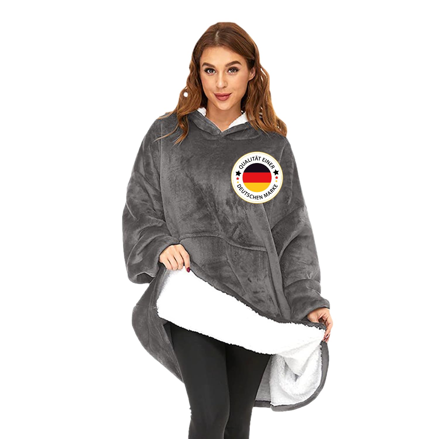 Hoodie Decke, Oversize Pullover für Damen und Herren, Flauschiger Kuschelpullover mit Kapuze und Ärmeln, Deckenpullover für kalte Winterabende, übergroßer Pulli XXL Einheitsgröße Grau Angebot bei HelloDeals