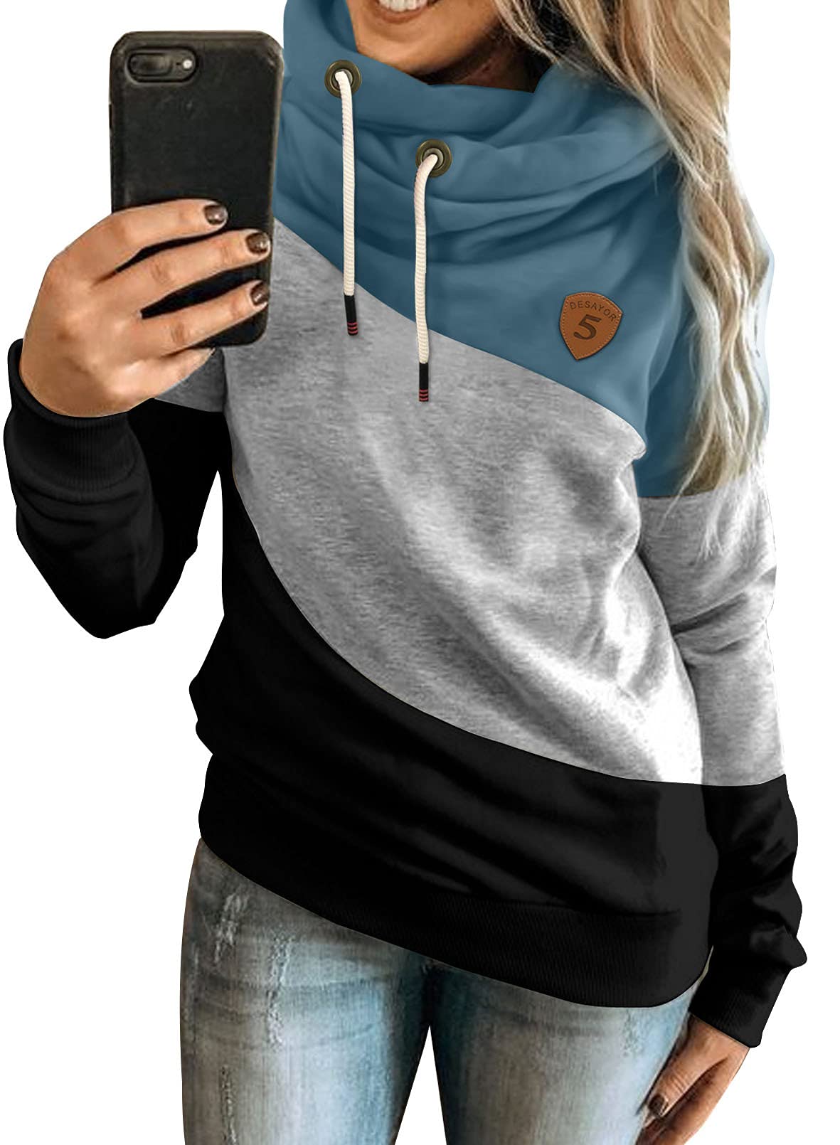Dokotoo Damen Kapuzenpullover Stehkragen Hoodie Pullover Farbblock Sweatshirt Langarmshirt Oberteile für Herbst Winter S-3XL XL A Blau-grau-schwarz Angebot bei HelloDeals
