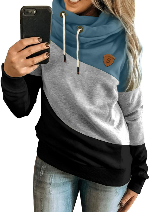 Dokotoo Damen Kapuzenpullover Stehkragen Hoodie Pullover Farbblock Sweatshirt Langarmshirt Oberteile für Herbst Winter S-3XL XL A Blau-grau-schwarz Angebot bei HelloDeals
