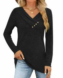 Damen Langarmshirt V Ausschnitt Langarm Oberteil Shirt Elegant Pullover Locker Herbst Basic Tunika T-Shirts Tops Knopf Casual Blusen Schwarz M Angebot bei HelloDeals