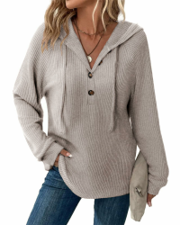 Pullover Damen Hoodie V-Ausschnitt Kapuzenpullover Knopfleiste Leichter Strickpullover Langarm Sweatshirt Tops Khaki-melange L Angebot bei HelloDeals