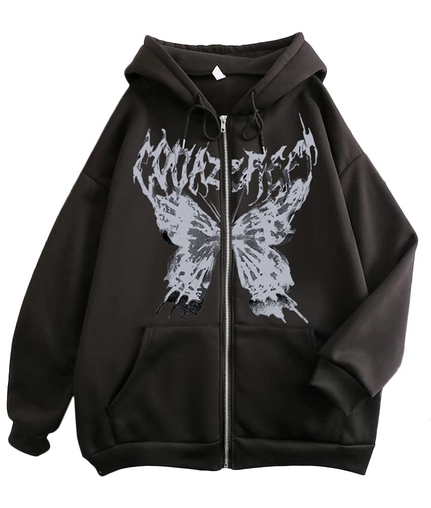 Tomwell Damen Y2K Jacke Zip Up Hoodies Goth Skeleton Strass Graphics Harajuku Oversized Sweatshirt Vintage Kapuzenjacke Kordelzug Sweatjacke mit Kapuze 90er E-Girl Tops S C Schwarz Angebot bei HelloDeals