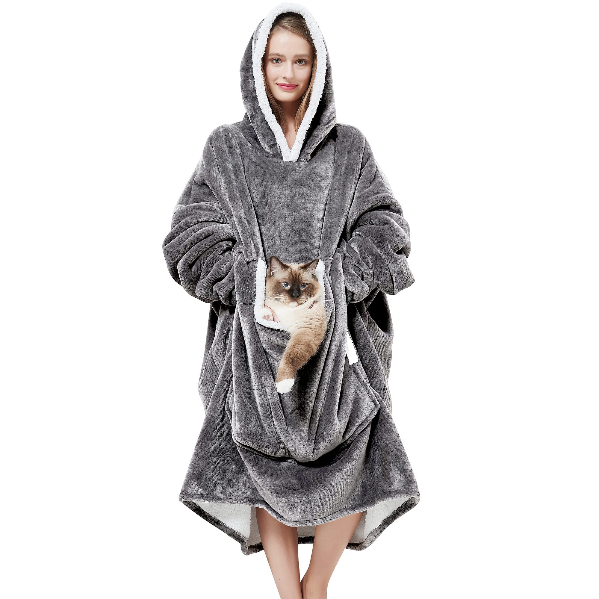 Oversized Hoodie Damen,Weich Flanell Hoodies Decke Damen,mit übergroßer Tasche,Decken Pullover für Erwachsene,Männer,Frauen,Jugendliche (Grau) Angebot bei HelloDeals