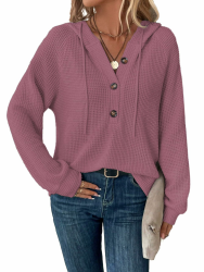 Hoodie Damen Kapuzenpullover Knopfleiste Leichter Pullover Langarm Sweatshirt Tops für Herbst Altrosa-118 L Angebot bei HelloDeals