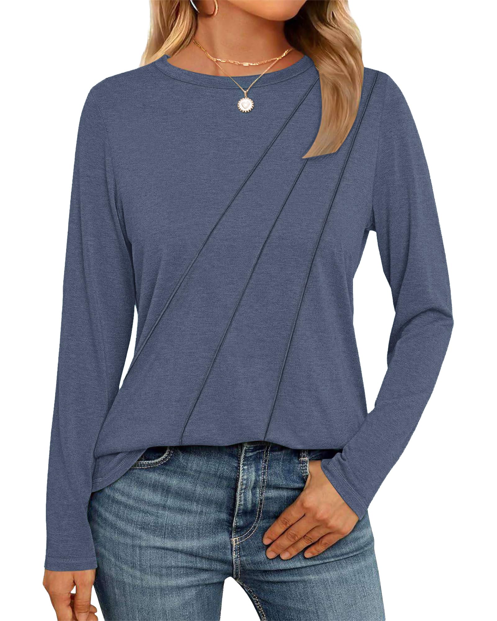 WNEEDU Damen Langarmshirt Lose Rundhals Pullover Damen Sweatshirt Oberteile Herbst Winter Casual Falten Tunika Tops M Grau Blau Angebot bei HelloDeals