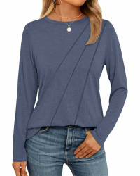 WNEEDU Damen Langarmshirt Lose Rundhals Pullover Damen Sweatshirt Oberteile Herbst Winter Casual Falten Tunika Tops M Grau Blau Angebot bei HelloDeals