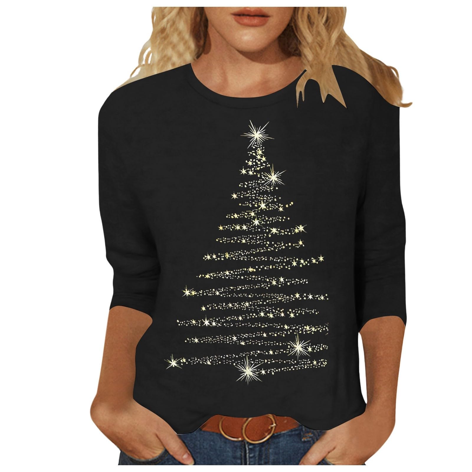 Weihnachtsshirt Damen 3/4 Arm Rundhals Christmas Shirt Lustig Weihnachts Tshirt Elegant Weihnachtspullover Herbst Langarmshirt Baumwolle Oberteile, S-3XL A001 Black XL Angebot bei HelloDeals