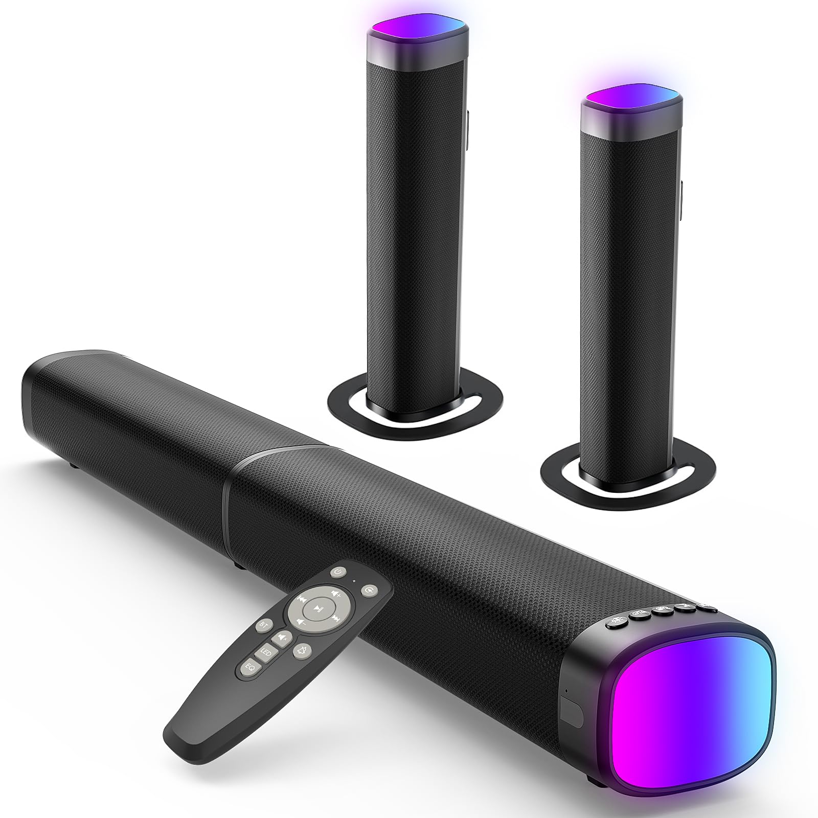 Soundbar für TV Geräte mit RGB-Beleuchtung & Bluetooth 5.3 – 2-in-1 Abnehmbare Lautsprecher mit ARC/Optisch/AUX Anschluss, 3 EQ-Modi & Starker Bass, Surround Sound für Fernseher, PC & Gaming Angebot bei HelloDeals