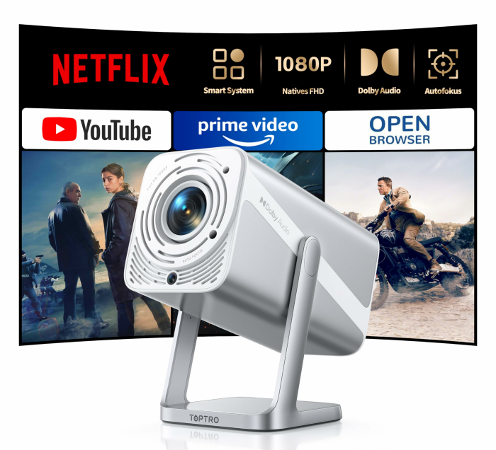 Smart Beamer [Kompatibel mit Netflix & Dolby Audio] Beamer 4K Heimkino 1080P FHD, Tragbarer Projektor 600ANSI Autofokus/Auto Vertikale Trapezkorrektur mit WiFi6 Bluetooth Outdoor 360°Drehbar Silbergrau Angebot bei HelloDeals