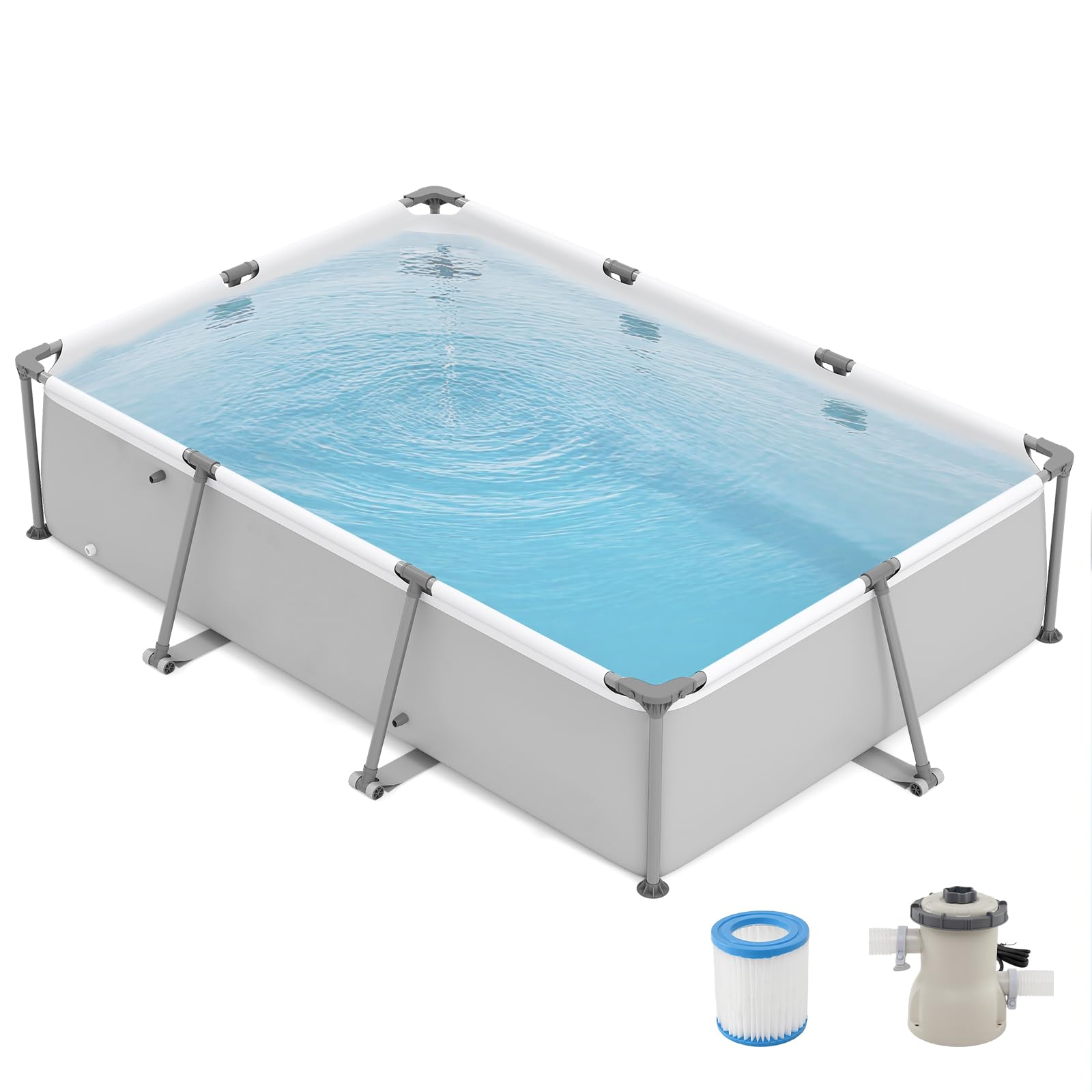 SOARS Rechteckiger Pool, oberirdischer Pool, 300 x 207 x 66 cm, Struktur aus Metall, widerstandsfähiges PVC, mit Pumpe und Filter, grau 300 X 207 X 66 CM Grau Angebot bei HelloDeals